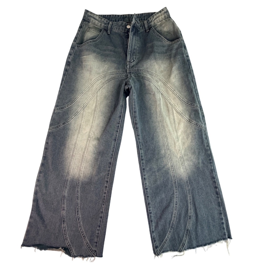 Blue Faded‎ Wide Leg Curved Panel Jeans Raw Hem CD20230520316891JN Size L